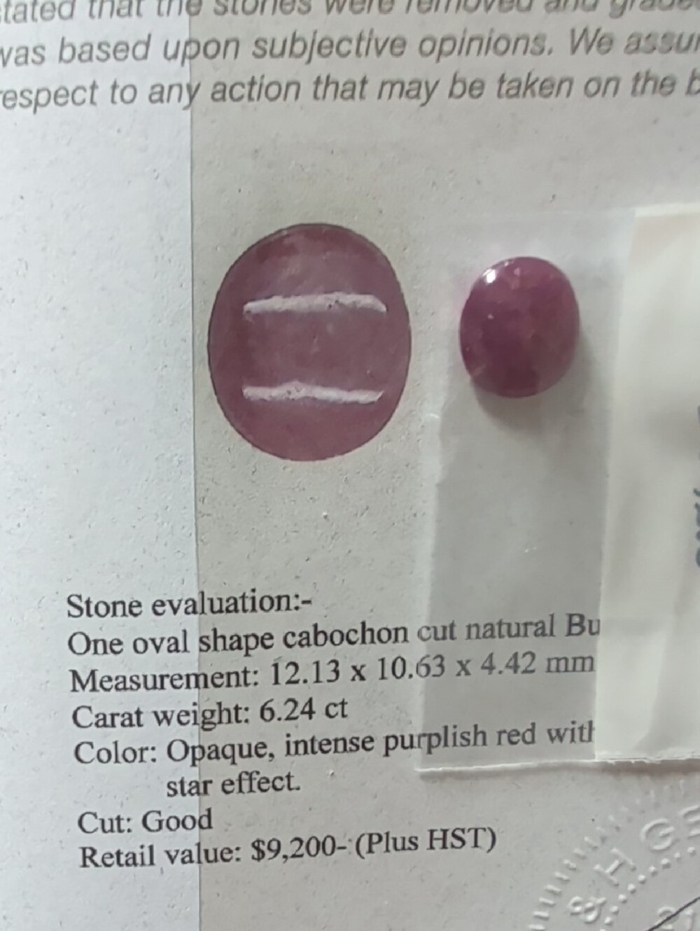 6.24ct Burmese Star Ruby Y&H Gem Services Certificate of Appraisal